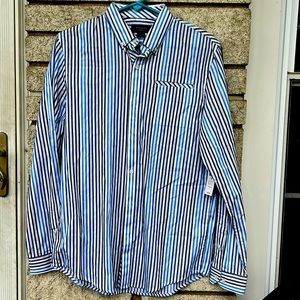 Attention men’s small, blue and white striped, long sleeve, dress shirt with tag
